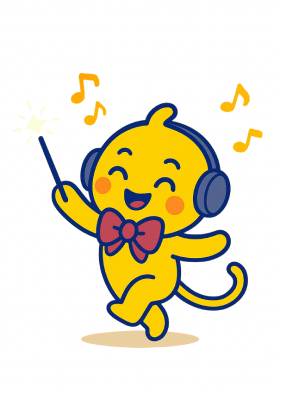 Cheerful mascot enjoying music